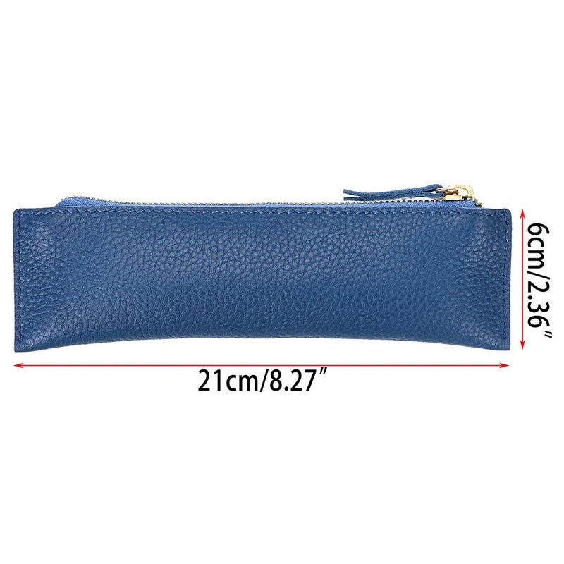BTSKY Genuine Leather Pencil Case - Zippered Pen Case Stationery Bag Zipper Pouch Pencil Holder(Blue) - Image 2